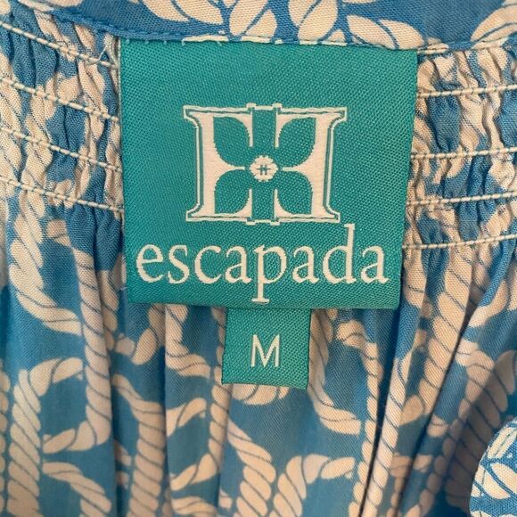 Escapada Sz M Blue & White Nautical Print Flowy Sleeve Summer Top - Picture 4 of 7